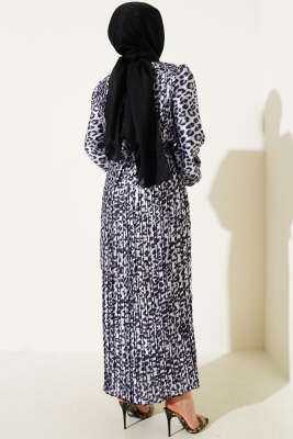 Sık Pileli Leopar Desen Saten Elbise Gri - Tesettür Elbise