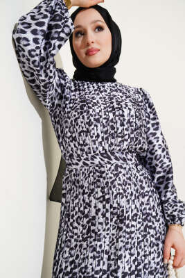 Sık Pileli Leopar Desen Saten Elbise Gri - Tesettür Elbise