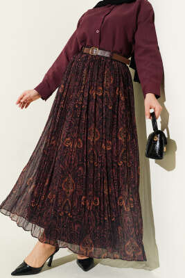 Sık Pileli Retro Desen Kloş Etek Kahve - ALİ AKKAYA