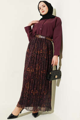 Sık Pileli Retro Desen Kloş Etek Kahve - Etek