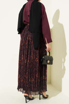 Sık Pileli Retro Desen Kloş Etek Kahve - Etek