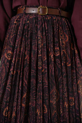 Sık Pileli Retro Desen Kloş Etek Kahve - Etek