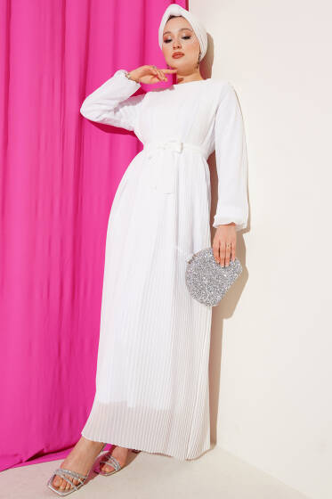 Sık Pileli Şifon Elbise Beyaz - Elbise