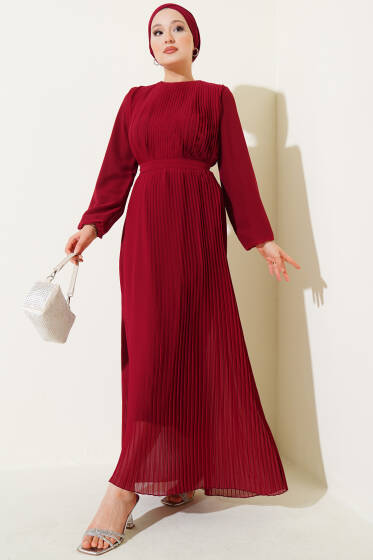Sık Pileli Şifon Elbise Bordo - Elbise