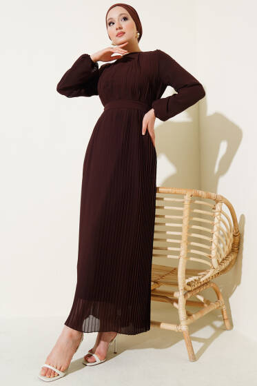 Sık Pileli Şifon Elbise Kahve - Elbise