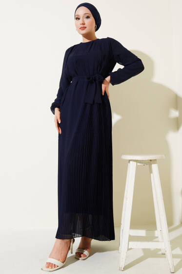 Sık Pileli Şifon Elbise Lacivert - Elbise