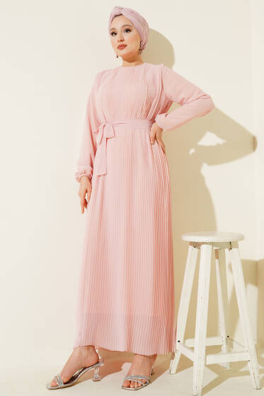 Sık Pileli Şifon Elbise Pudra - Elbise