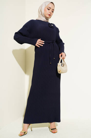 Sık Piliseli Bel İp Kuşaklı Elbise Lacivert - Elbise