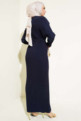 Sık Piliseli Bel İp Kuşaklı Elbise Lacivert - Tesettür Elbise