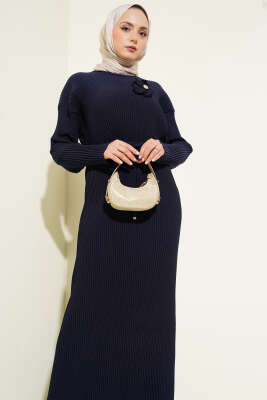 Sık Piliseli Bel İp Kuşaklı Elbise Lacivert - Tesettür Elbise