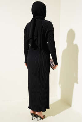 Sık Piliseli Bel İp Kuşaklı Elbise Siyah - Tesettür Elbise