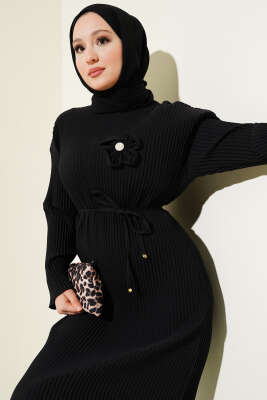 Sık Piliseli Bel İp Kuşaklı Elbise Siyah - Tesettür Elbise