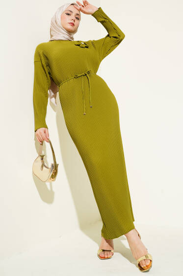 Sık Piliseli Bel İp Kuşaklı Elbise Yağ Yeşili - Elbise