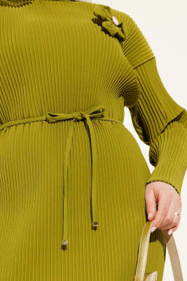 Sık Piliseli Bel İp Kuşaklı Elbise Yağ Yeşili - Tesettür Elbise