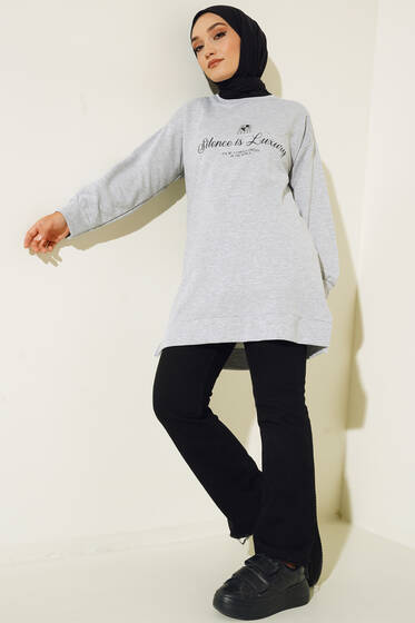 Silence is Luxury Baskılı Tunik Gri - Tunik