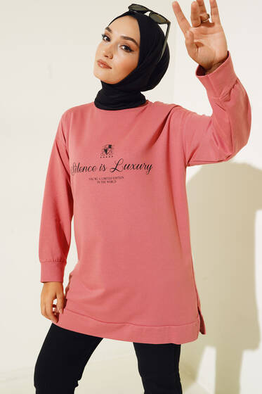 Silence is Luxury Baskılı Tunik Gül Kurusu - Tunik