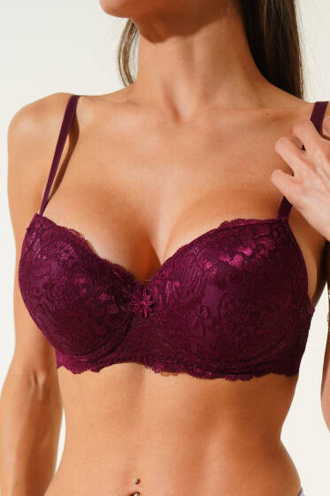 Silikonlu Destekli Dantelli Sütyen Mürdüm - Destekli / Push Up Sütyen