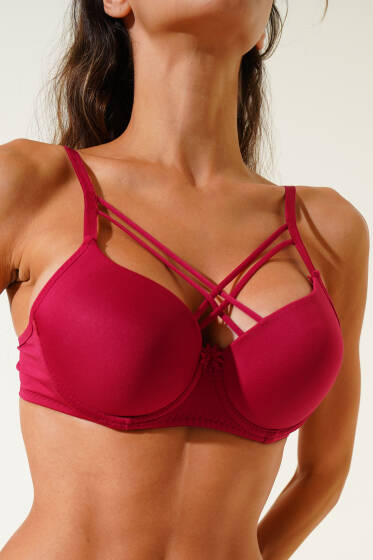 Silikonlu Destekli Micro Çapraz Sütyen Bordo - Destekli / Push Up Sütyen