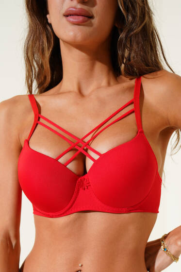 Silikonlu Destekli Micro Çapraz Sütyen Kırmızı - Destekli / Push Up Sütyen