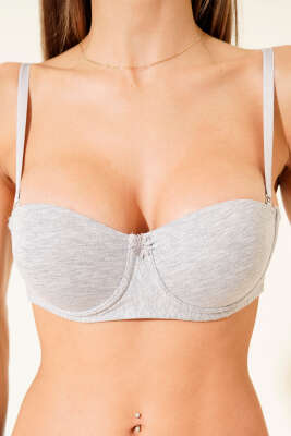 Silikonlu Destekli Straplez Sütyen Gri - Destekli / Push Up Sütyen