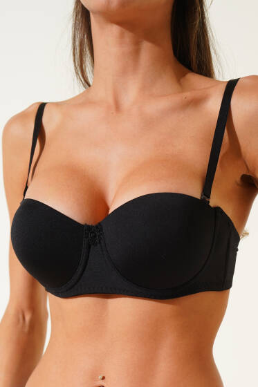 Silikonlu Destekli Straplez Sütyen Siyah - Destekli / Push Up Sütyen