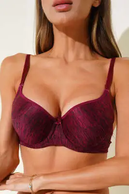 Silikonlu Düz Destekli Sütyen Melanj Bordo - Destekli / Push Up Sütyen
