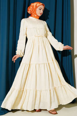 Sim Çizgili Güpür Detaylı Elbise Bej - ZAMANE (QSS)