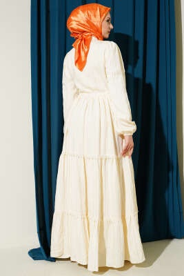 Sim Çizgili Güpür Detaylı Elbise Bej - Elbise