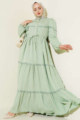 Sim Çizgili Güpür Detaylı Elbise Çağla Yeşili - ZAMANE (QSS)