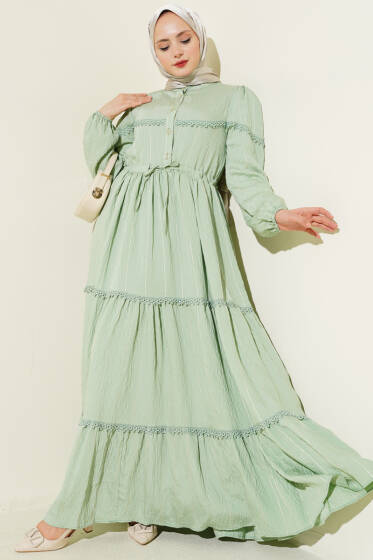 Sim Çizgili Güpür Detaylı Elbise Çağla Yeşili - Elbise