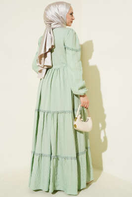 Sim Çizgili Güpür Detaylı Elbise Çağla Yeşili - Elbise