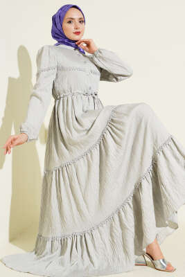 Sim Çizgili Güpür Detaylı Elbise Gri - ZAMANE (QSS)