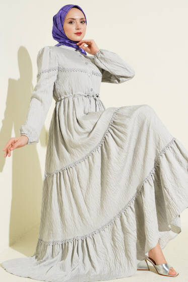 Sim Çizgili Güpür Detaylı Elbise Gri - Elbise