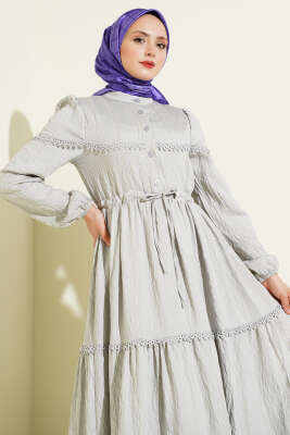 Sim Çizgili Güpür Detaylı Elbise Gri - Elbise