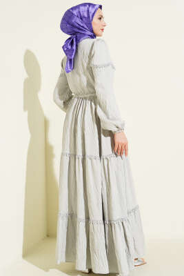 Sim Çizgili Güpür Detaylı Elbise Gri - Elbise