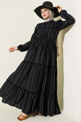 Sim Çizgili Güpür Detaylı Elbise Siyah - ZAMANE (QSS)