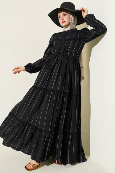 Sim Çizgili Güpür Detaylı Elbise Siyah - Elbise