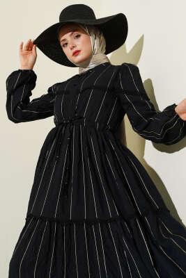 Sim Çizgili Güpür Detaylı Elbise Siyah - Elbise