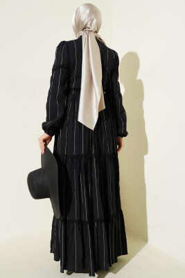 Sim Çizgili Güpür Detaylı Elbise Siyah - Elbise