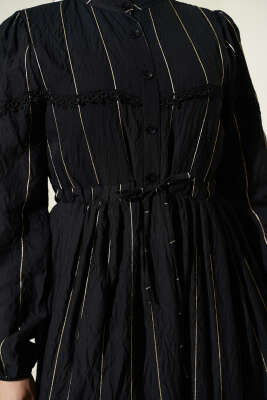 Sim Çizgili Güpür Detaylı Elbise Siyah - Elbise