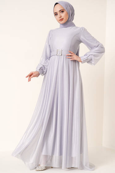 Sim Detaylı Abiye Elbise Gri - Tesettür Elbise
