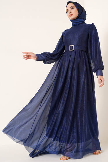 Sim Detaylı Abiye Elbise Lacivert - Tesettür Elbise