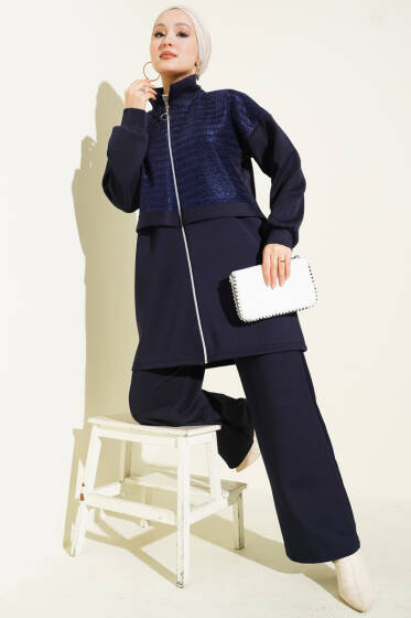 Sim Detaylı Fermuarlı Scuba İkili Takım Lacivert - İkili Takım