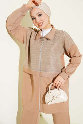 Sim Detaylı Fermuarlı Scuba İkili Takım Latte - İkili Takım