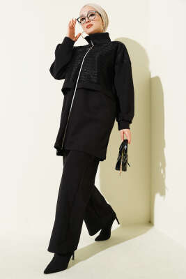 Sim Detaylı Fermuarlı Scuba İkili Takım Siyah - HBS