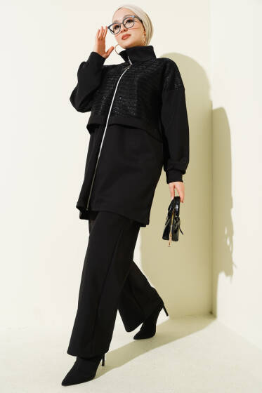 Sim Detaylı Fermuarlı Scuba İkili Takım Siyah - İkili Takım