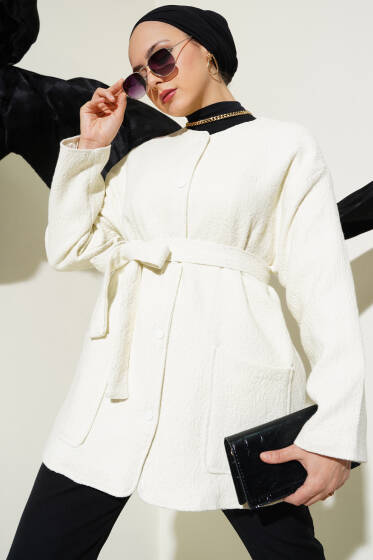 Sim Detaylı Kuşaklı Ceket Ekru - Ceket