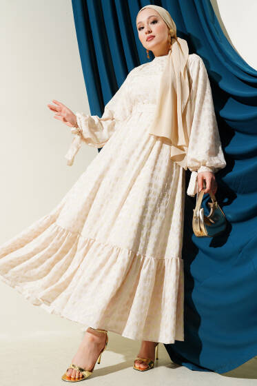 Sim Puantiyeli Volanlı Kuşaklı Elbise Bej - Elbise