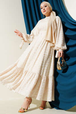 Sim Puantiyeli Volanlı Kuşaklı Elbise Bej - Tesettür Elbise