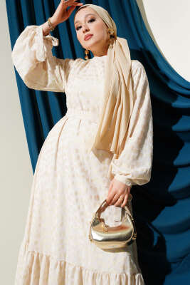 Sim Puantiyeli Volanlı Kuşaklı Elbise Bej - Tesettür Elbise